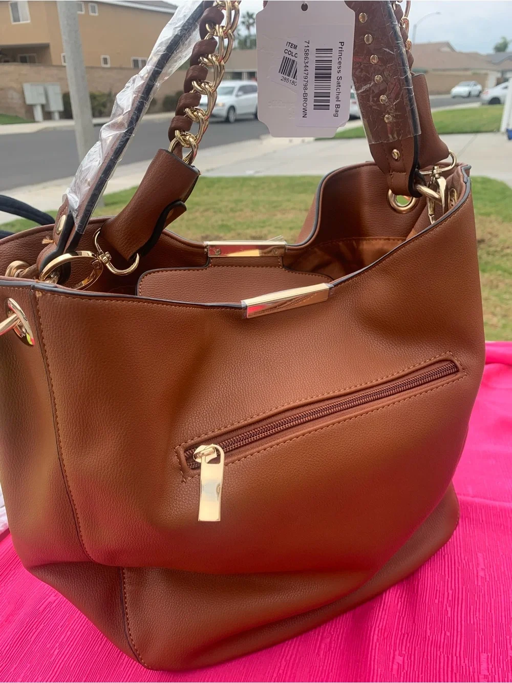 Vegan Brown Women's Tote Bag with Gold Chain Accents